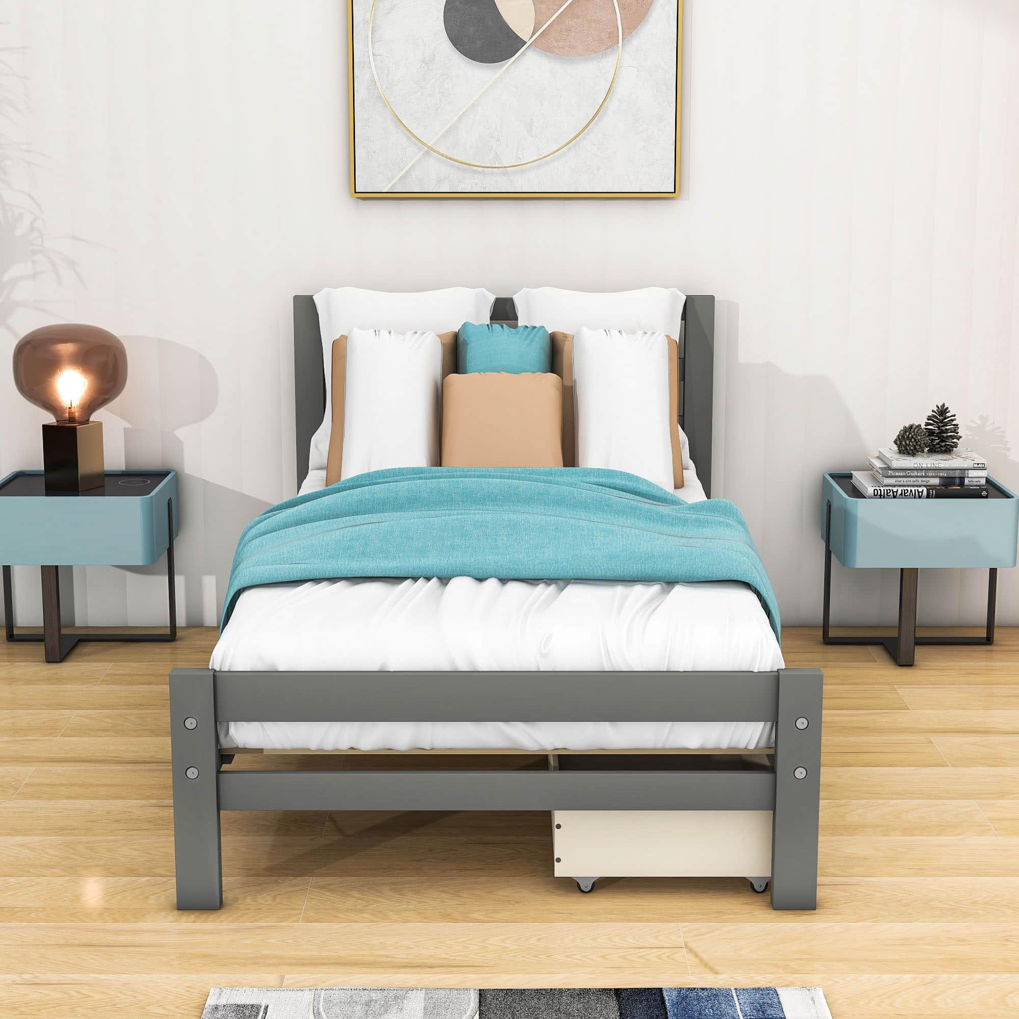 Twin Wooden Platform Bed with Storage and Headboard