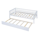 Wooden Twin Low Kids Bed with Twin Size Trundle and Rails