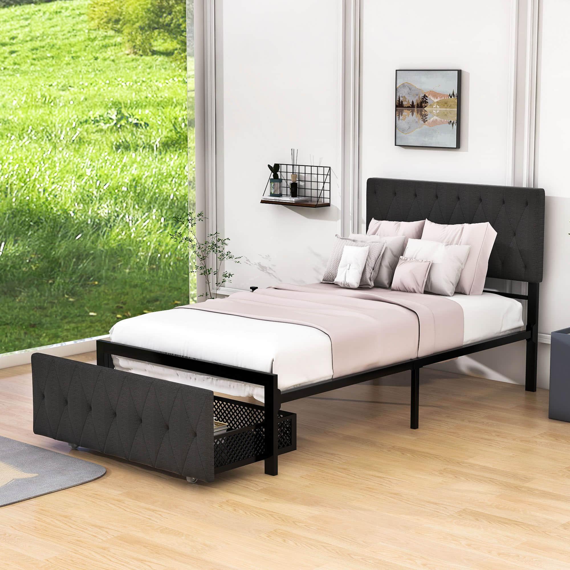 Metal Twin Size Upholstered Storage Bed with Headboard and Drawer