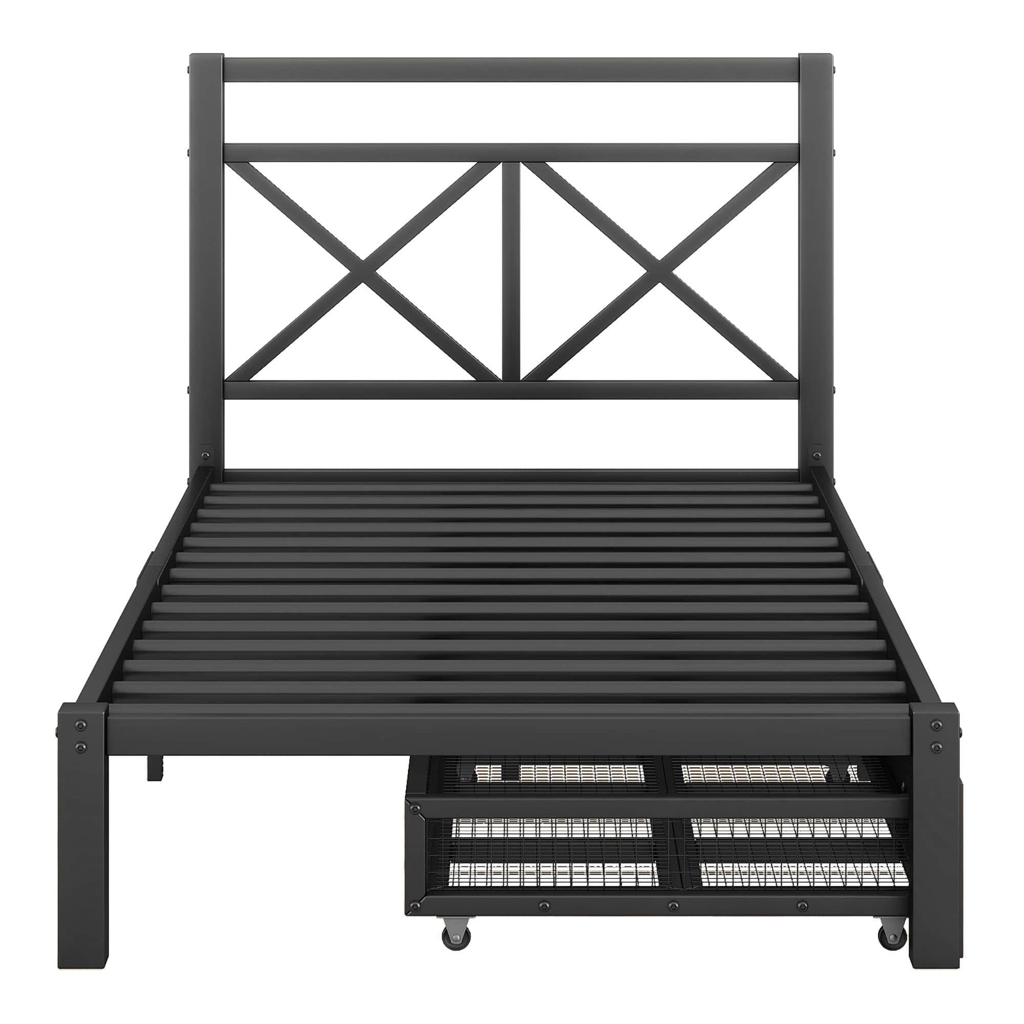 Metal Black Twin Platform Bed with Headboard and Storage