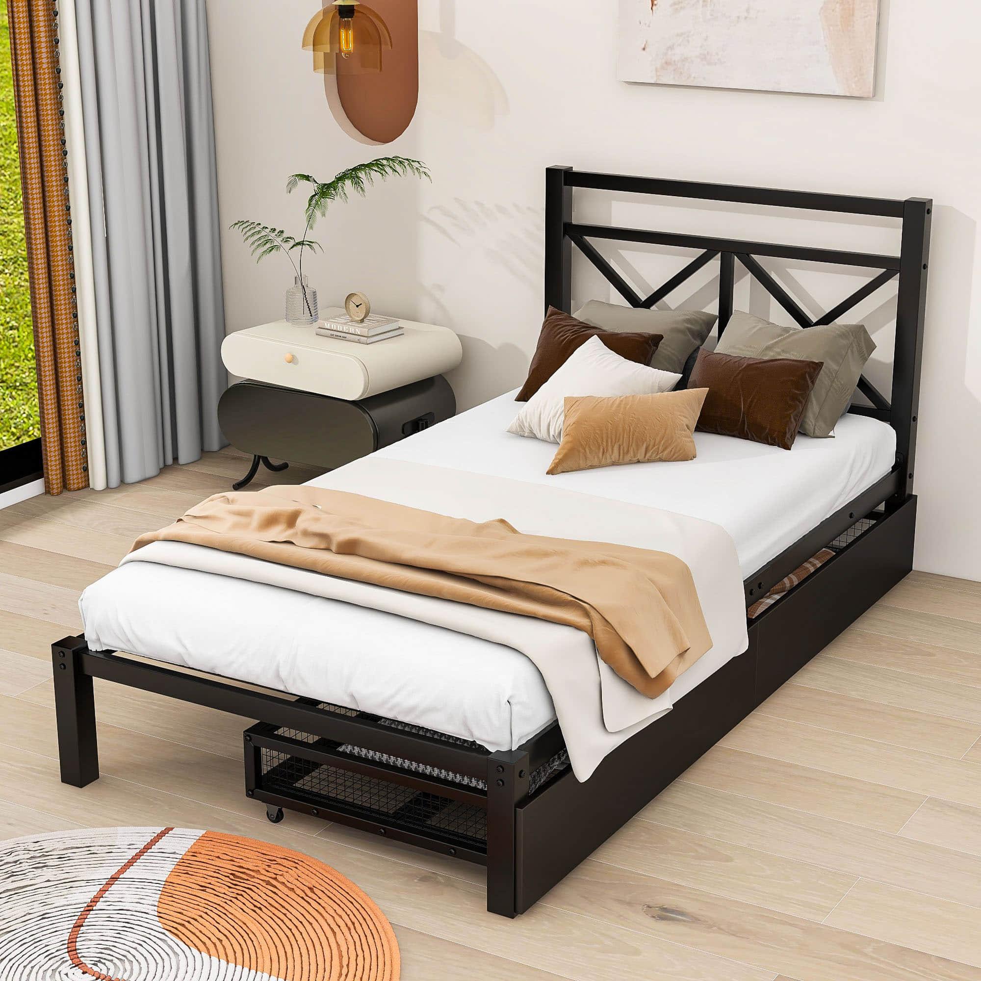 Metal Black Twin Platform Bed with Headboard and Storage