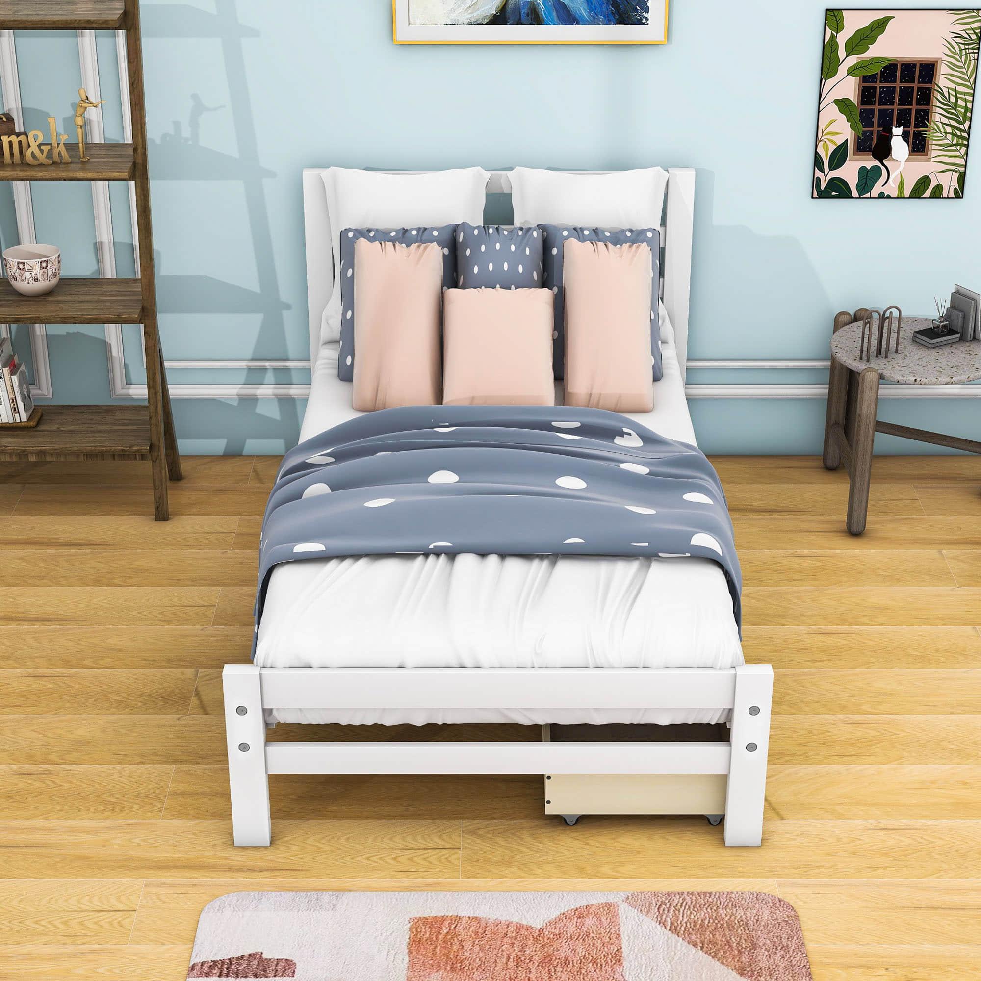 Twin Wooden Platform Bed with Storage and Headboard