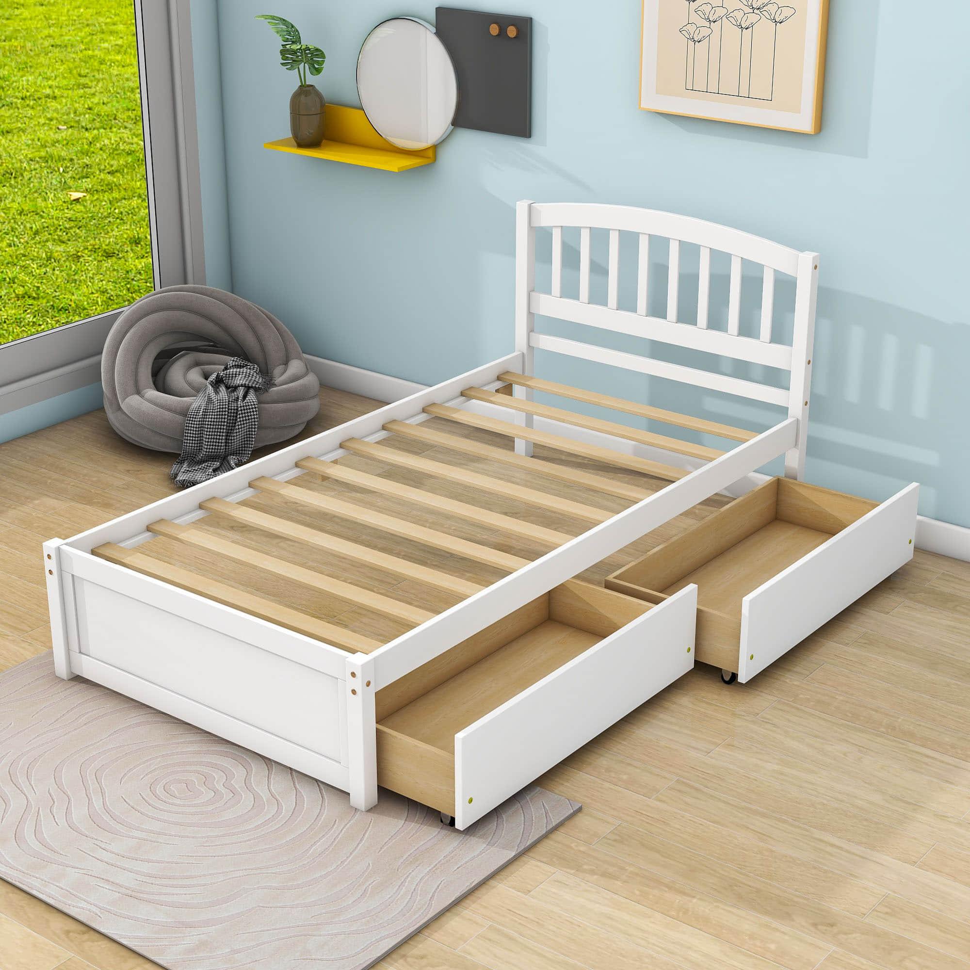 Twin Platform Bed Frame with Storage and Headboard - [Wood, Drawers]