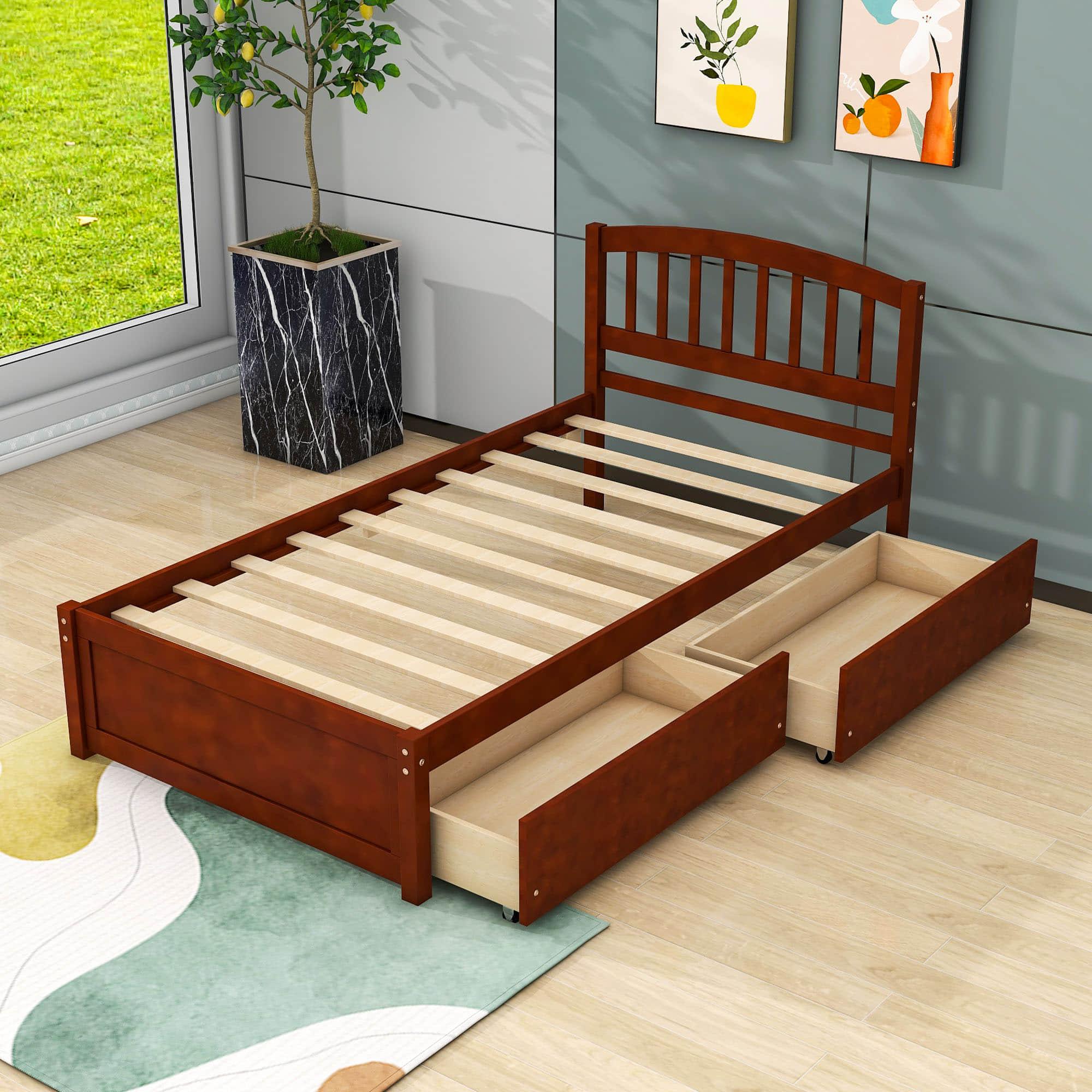 Twin Platform Bed Frame with Storage and Headboard - [Wood, Drawers]