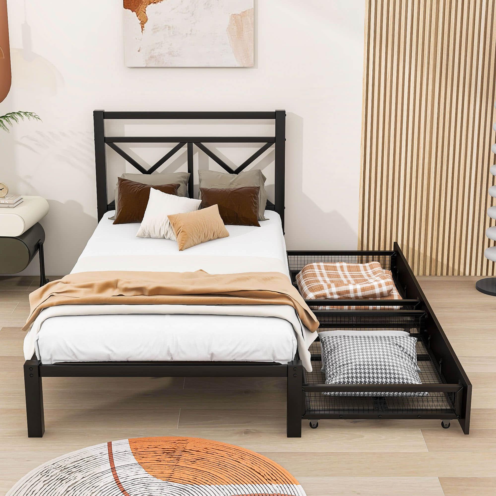 Metal Black Twin Platform Bed with Headboard and Storage