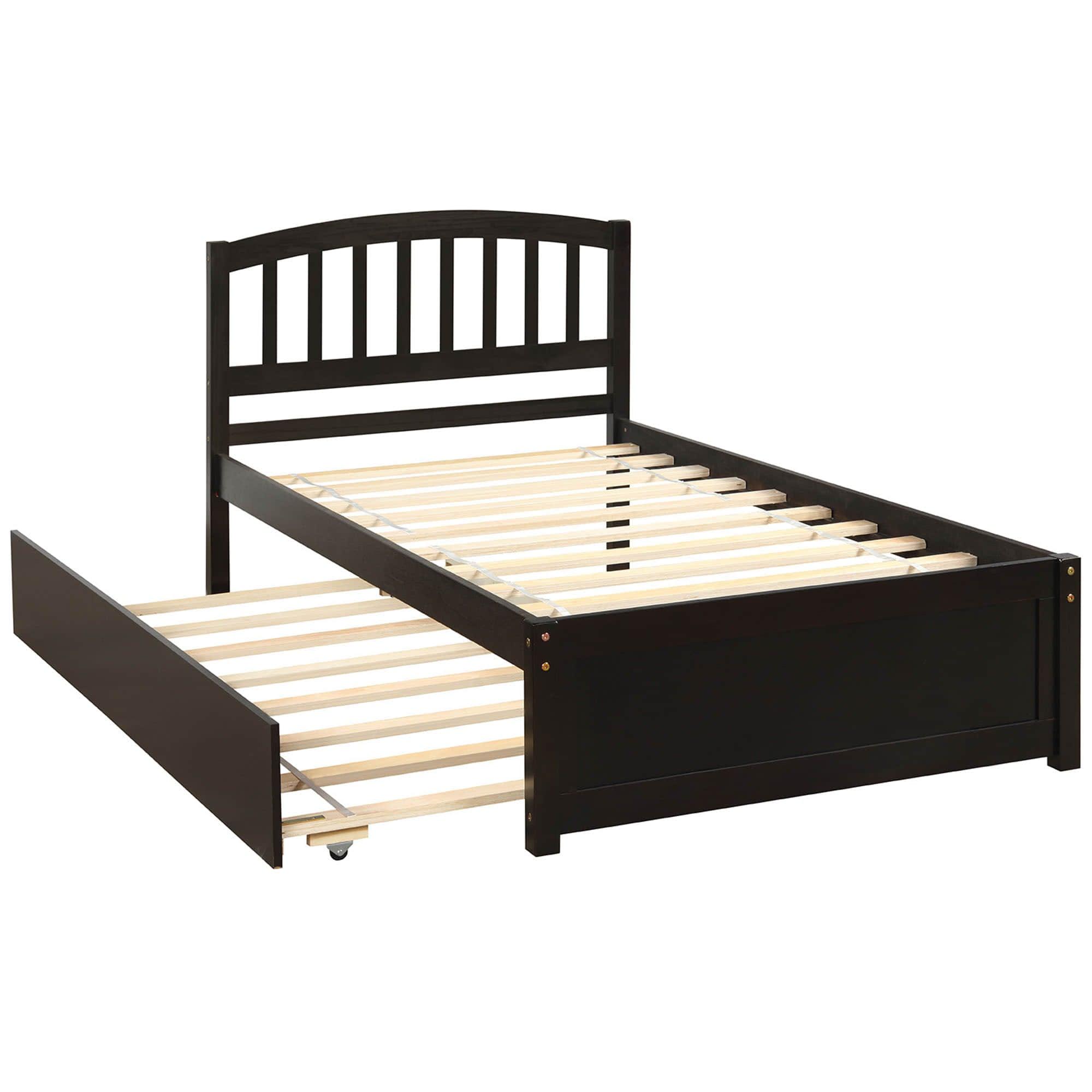 Wooden Twin Platform Bed with Trundle and Headboard