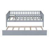 Wooden Twin Low Kids Bed with Twin Size Trundle and Rails