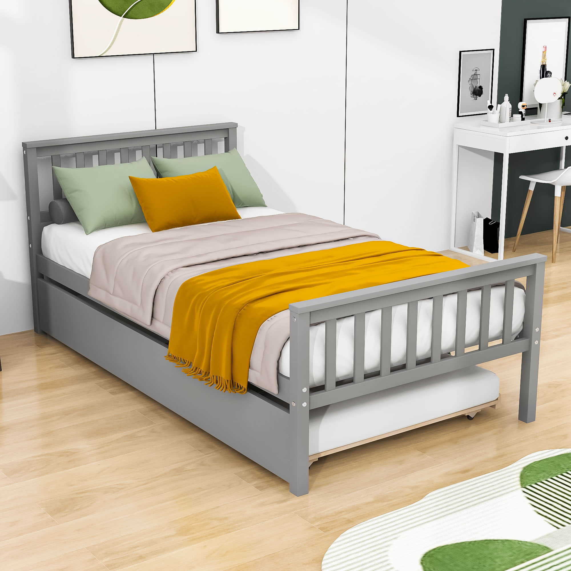 Twin Platform Bed Frame with Twin Trundle and Headboard - [Wooden, Footboard]