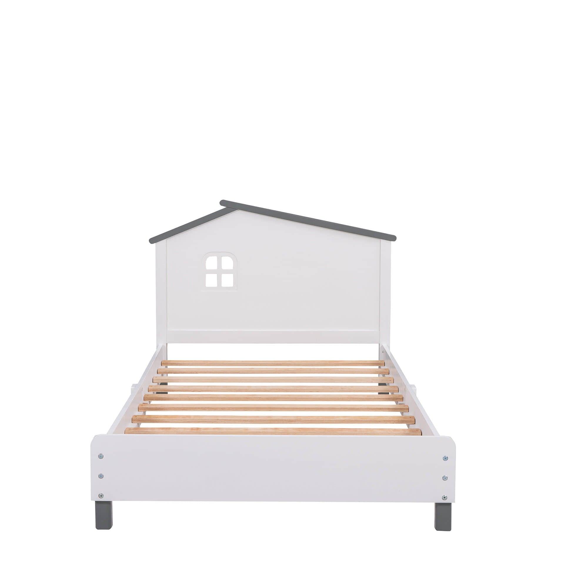 Twin Wood Girls Platform Bed with House-Shaped Headboard