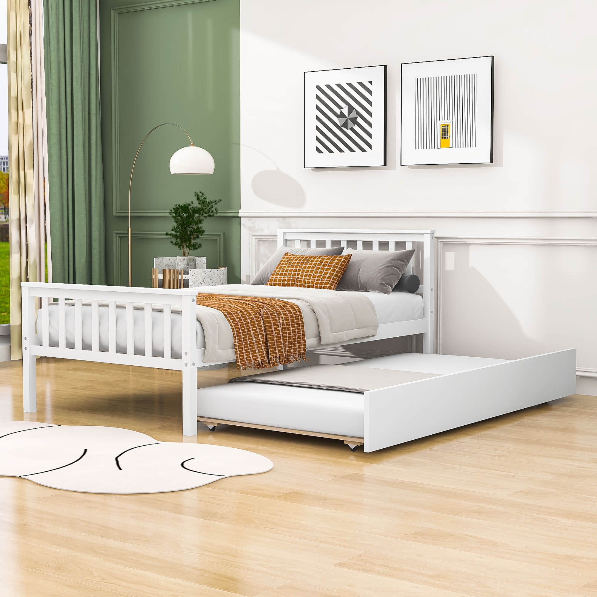 Twin Platform Bed Frame with Twin Trundle and Headboard - [Wooden, Footboard]