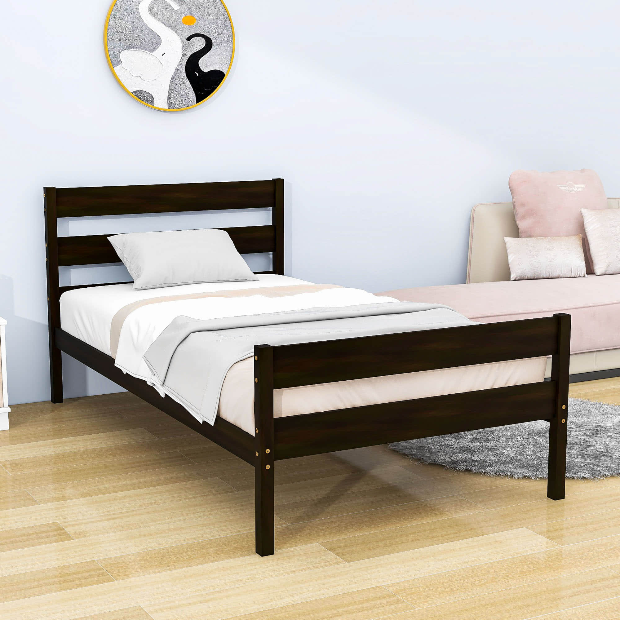 Wooden Twin Bed Frame with Slat Headboard and Footboard