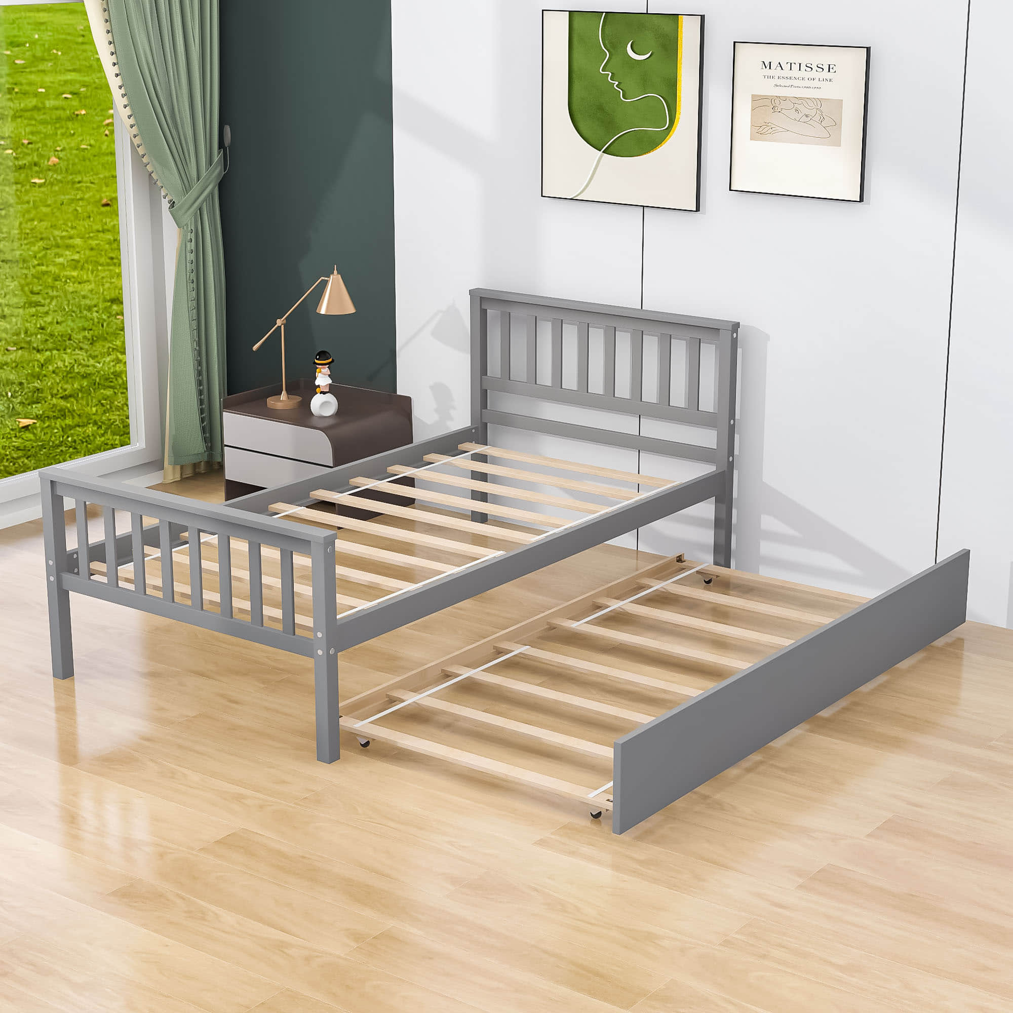 Twin Platform Bed Frame with Twin Trundle and Headboard - [Wooden, Footboard]