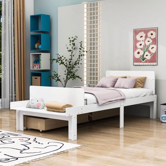 Twin Kids Bed Frame with Headboard and Footboard Bench, Storage