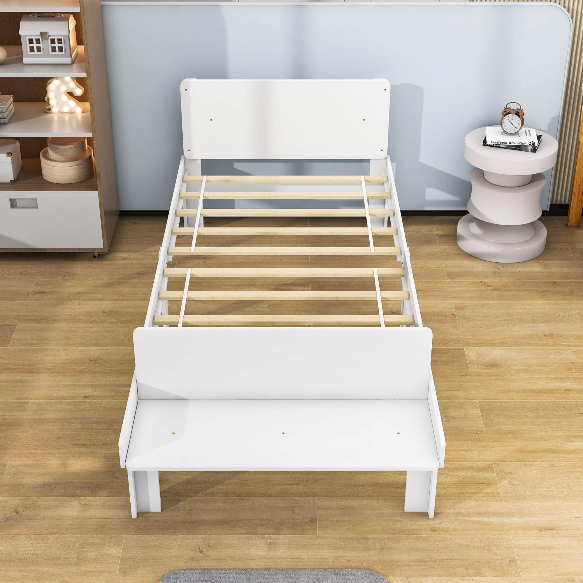 Kids Bed Frame with Headboard and Footboard Bench