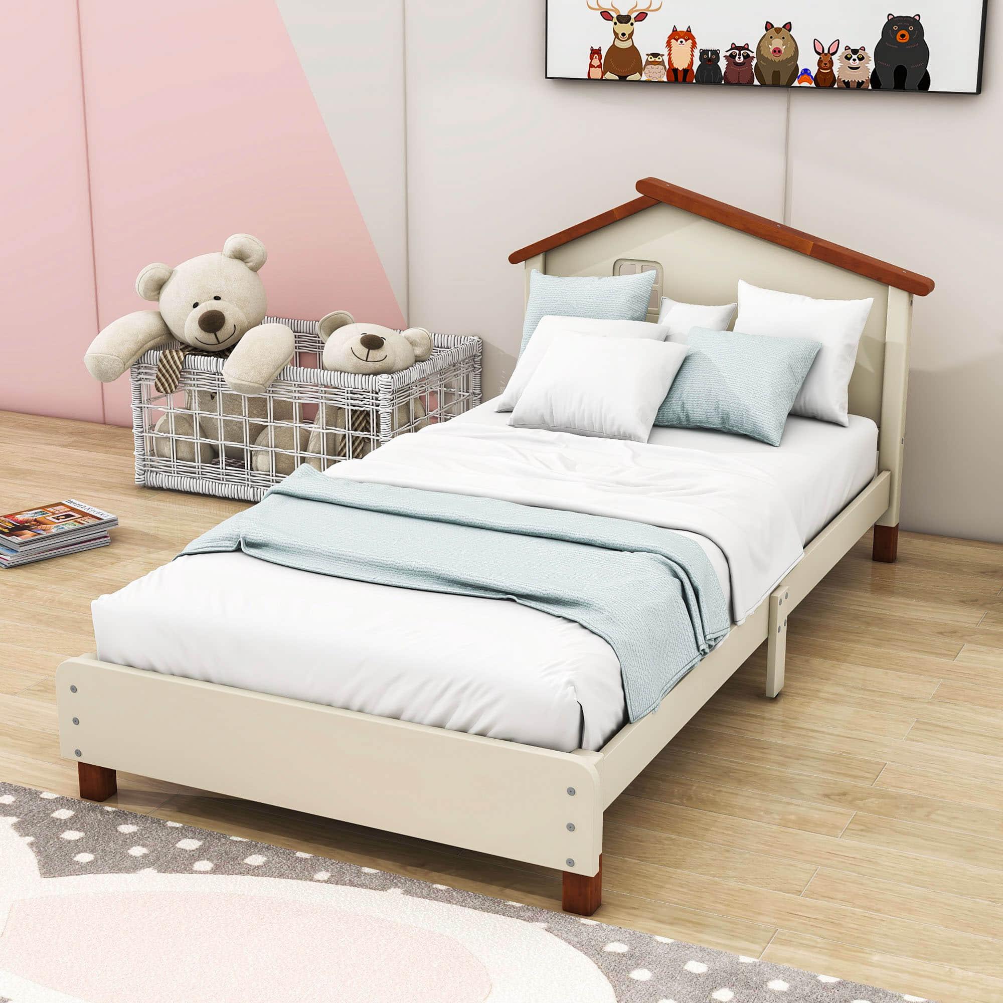 Twin Wood Girls Platform Bed with House-Shaped Headboard