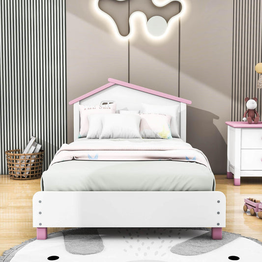 Twin Wood Girls Platform Bed with House-Shaped Headboard