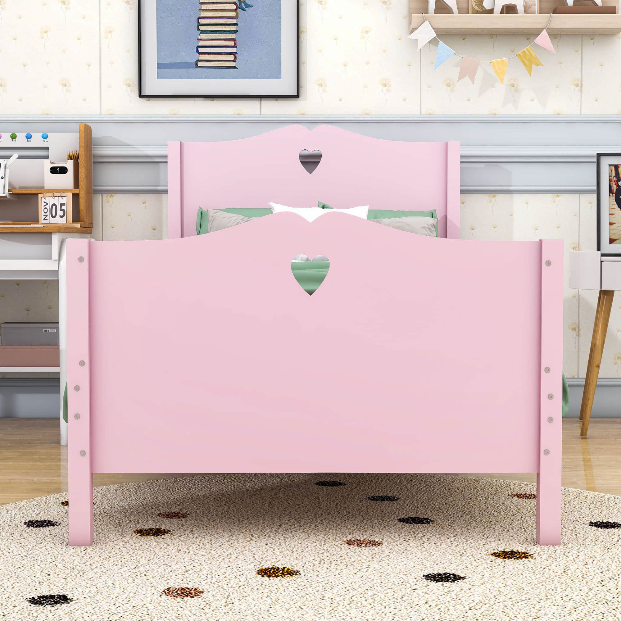 Wood Girls Twin Platform Bed with Headboard and Footboard