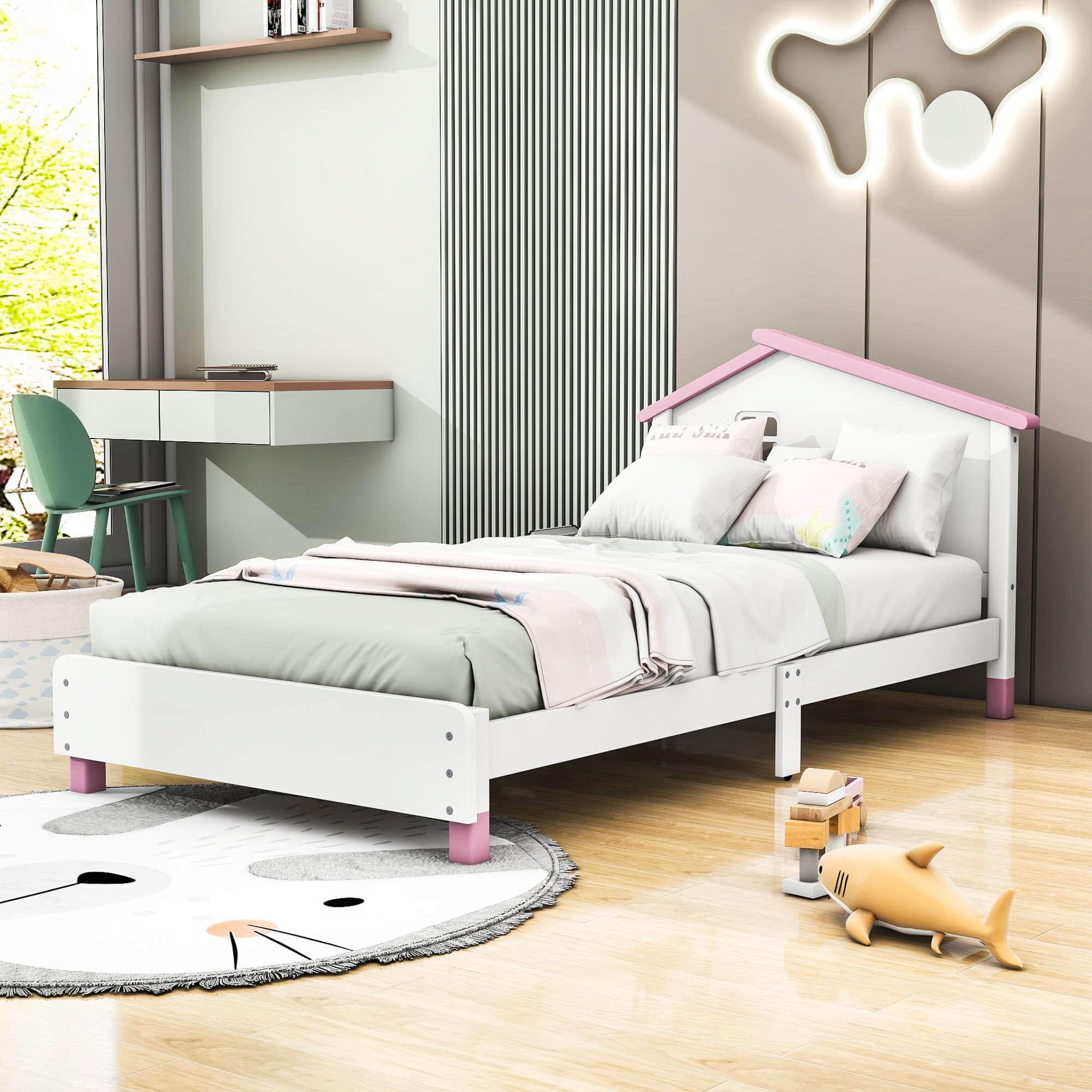 Twin Wood Girls Platform Bed with House-Shaped Headboard