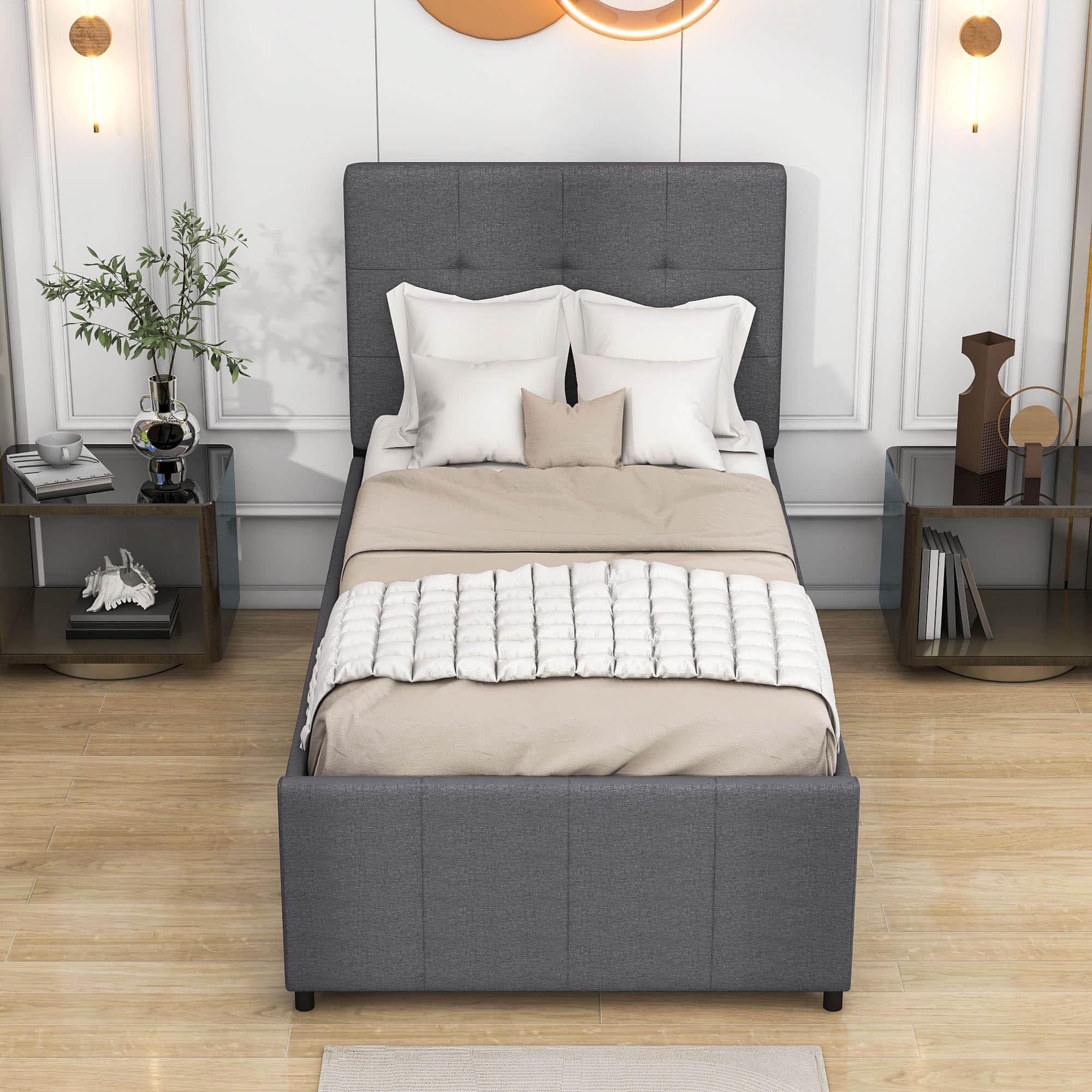 Twin Upholstered Platform Bed with Headboard and Trundle - [Linen]