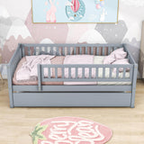 Wooden Twin Low Kids Bed with Twin Size Trundle and Rails