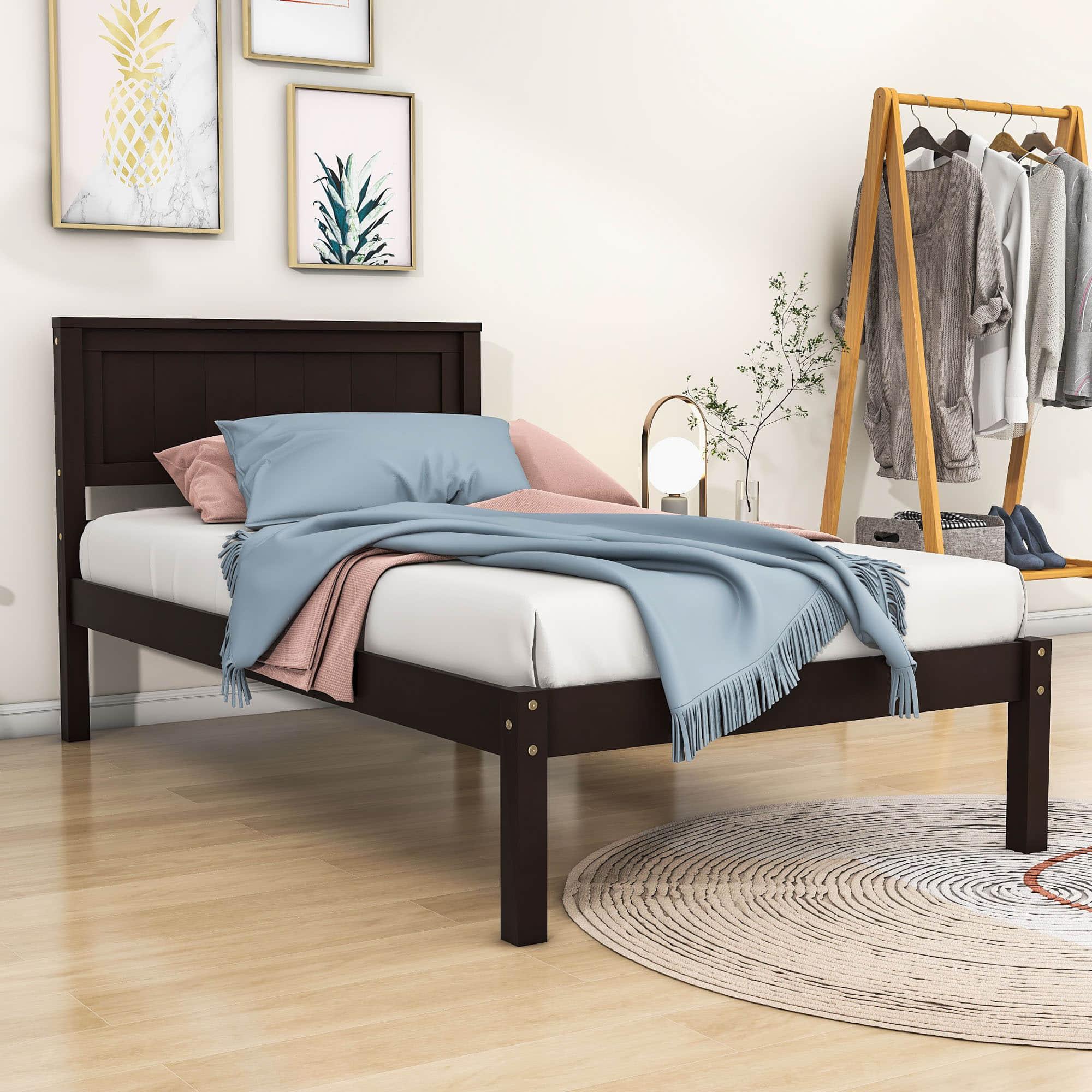 Wood Twin Size Vintage Platform Bed Frame with Headboard