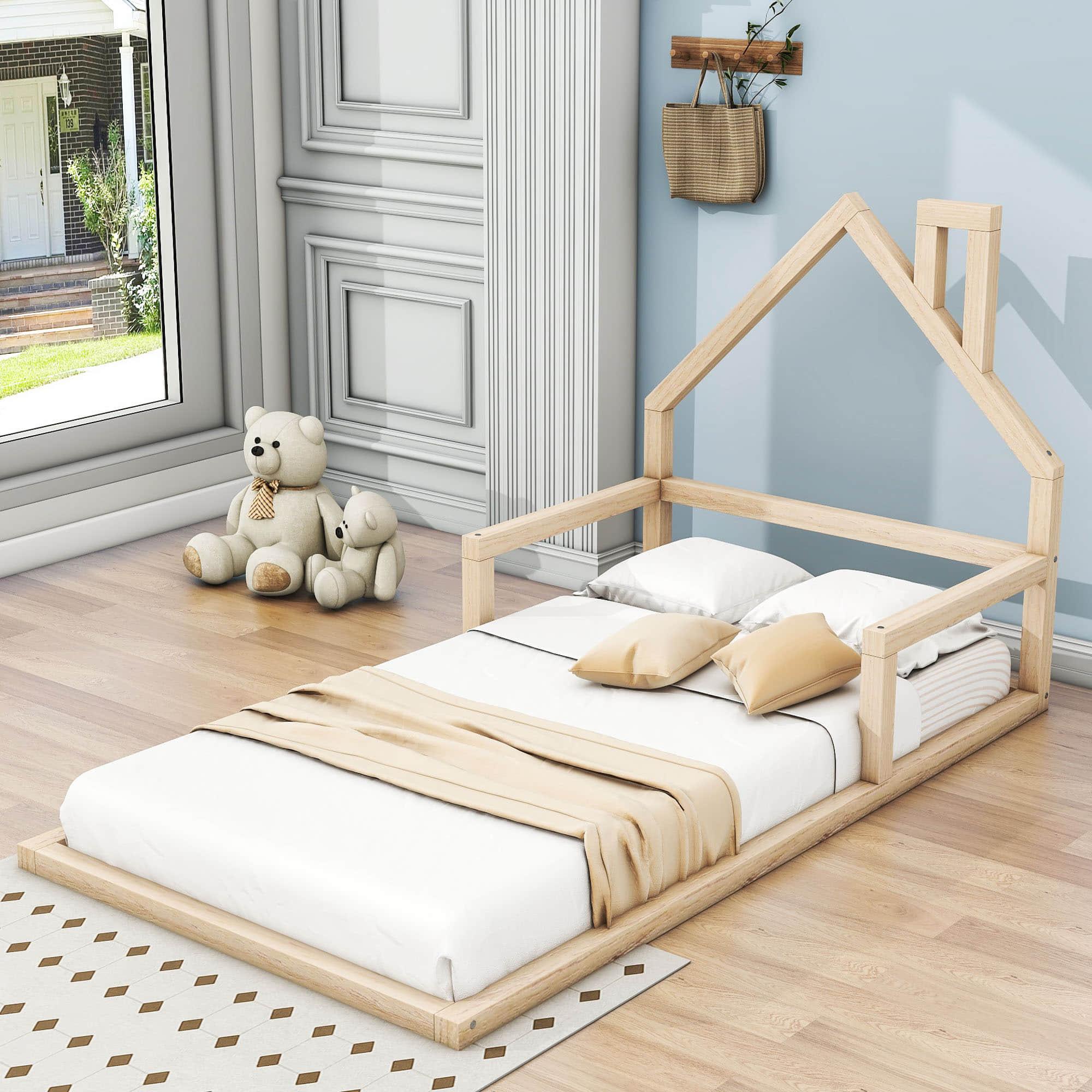 Wood Twin Toddler Floor Bed Frame with Rails and House-Shaped Headboard