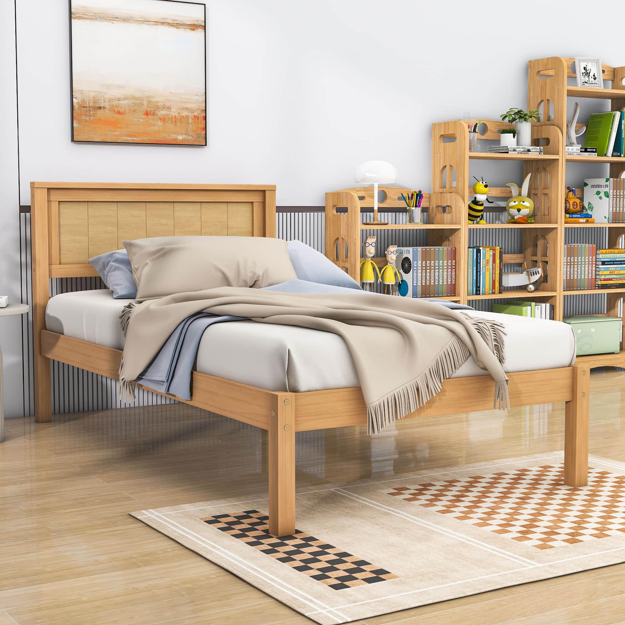 Wood Twin Size Vintage Platform Bed Frame with Headboard