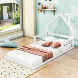 Wood Twin Toddler Floor Bed Frame with Rails and House-Shaped Headboard