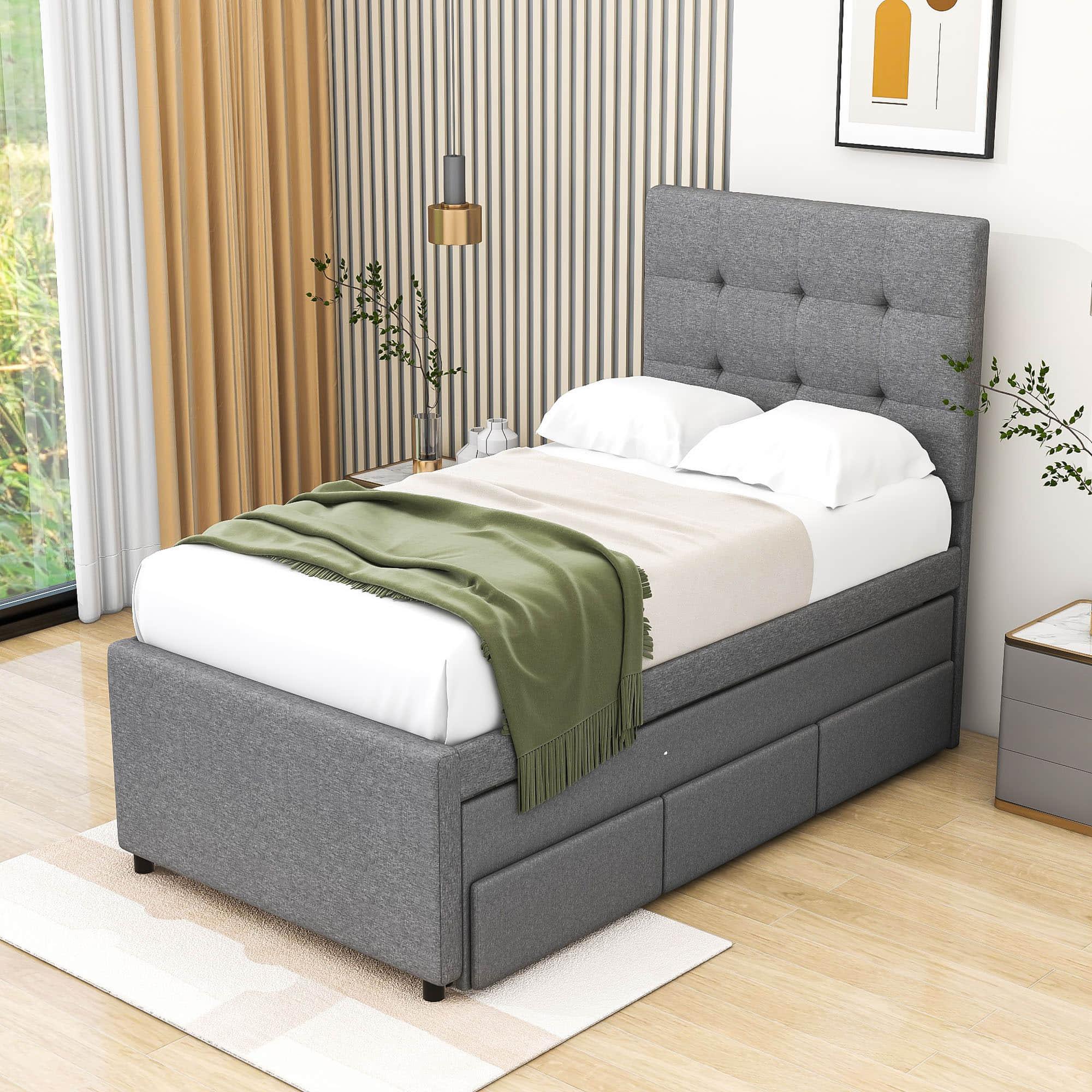 Twin Linen Upholstered Platform Bed Frame with Storage and Trundle