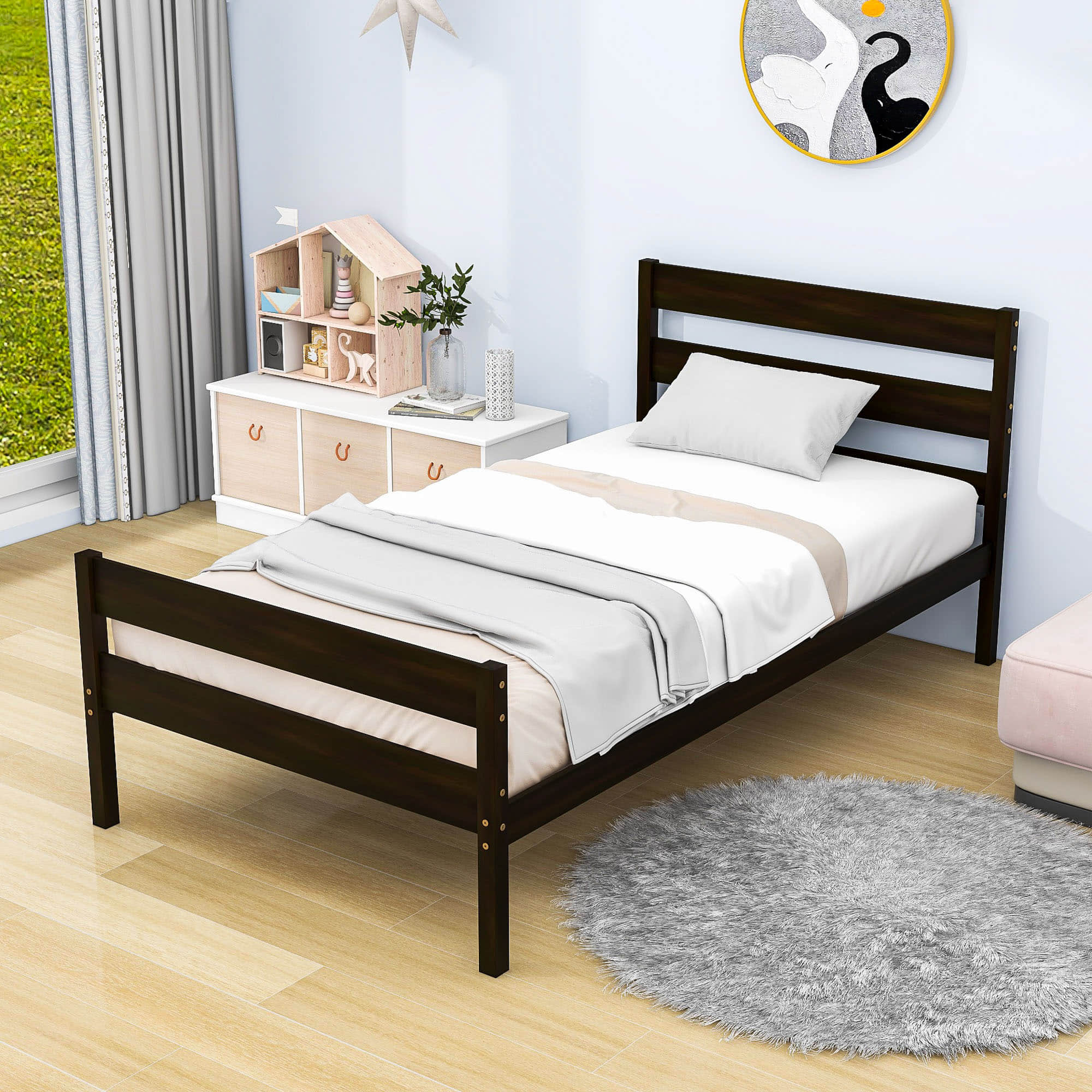 Wooden Twin Bed Frame with Slat Headboard and Footboard