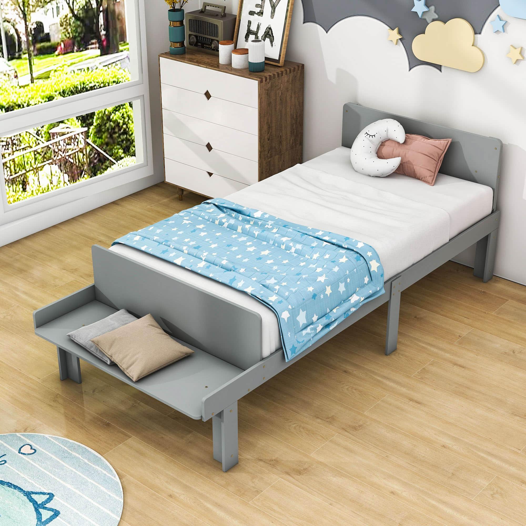 Kids Bed Frame with Headboard and Footboard Bench