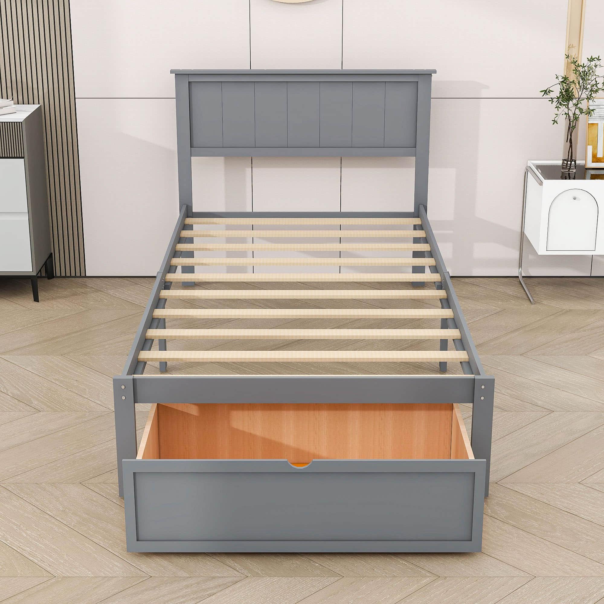 Wooden Twin Size Platform Bed Frame with Under bed Storage - [Drawer]