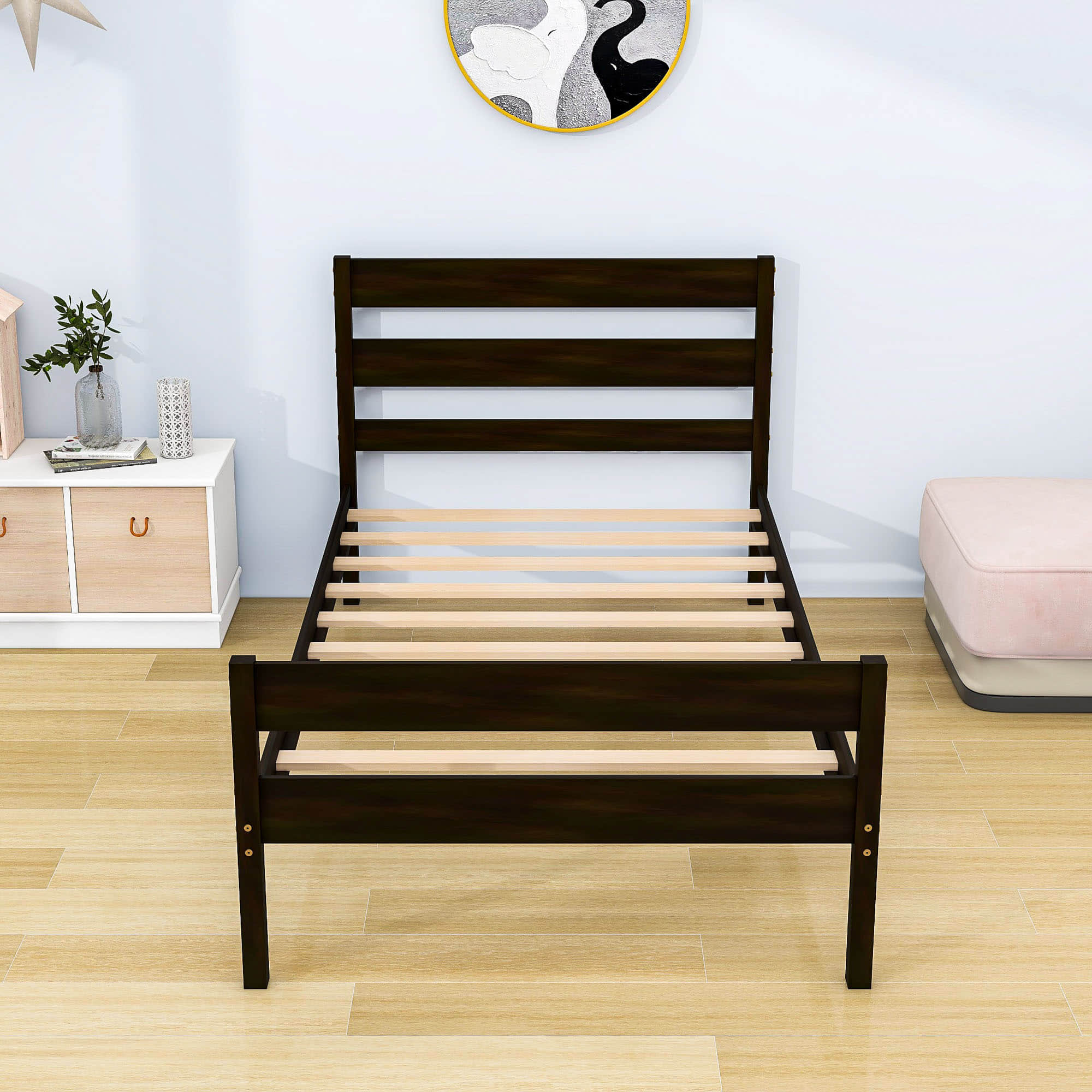 Wooden Twin Bed Frame with Slat Headboard and Footboard