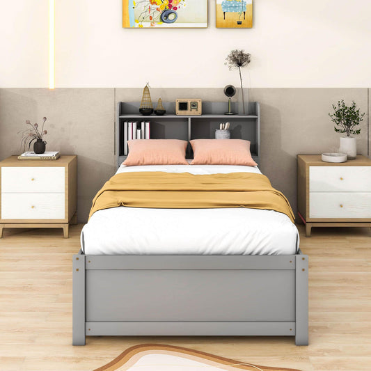 Wooden Twin Platform Bed with Twin Trundle Bed and Storage Headboard - [Shelves]