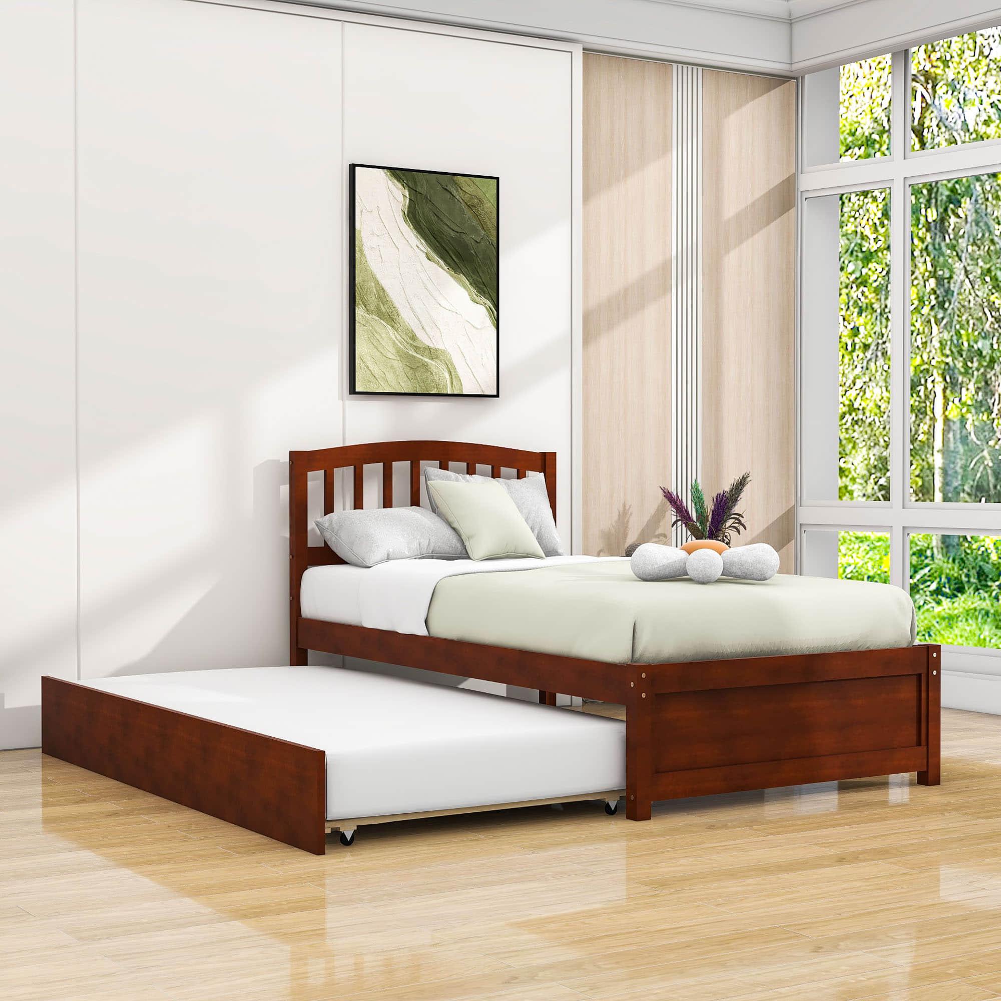 Wooden Twin Platform Bed with Trundle and Headboard