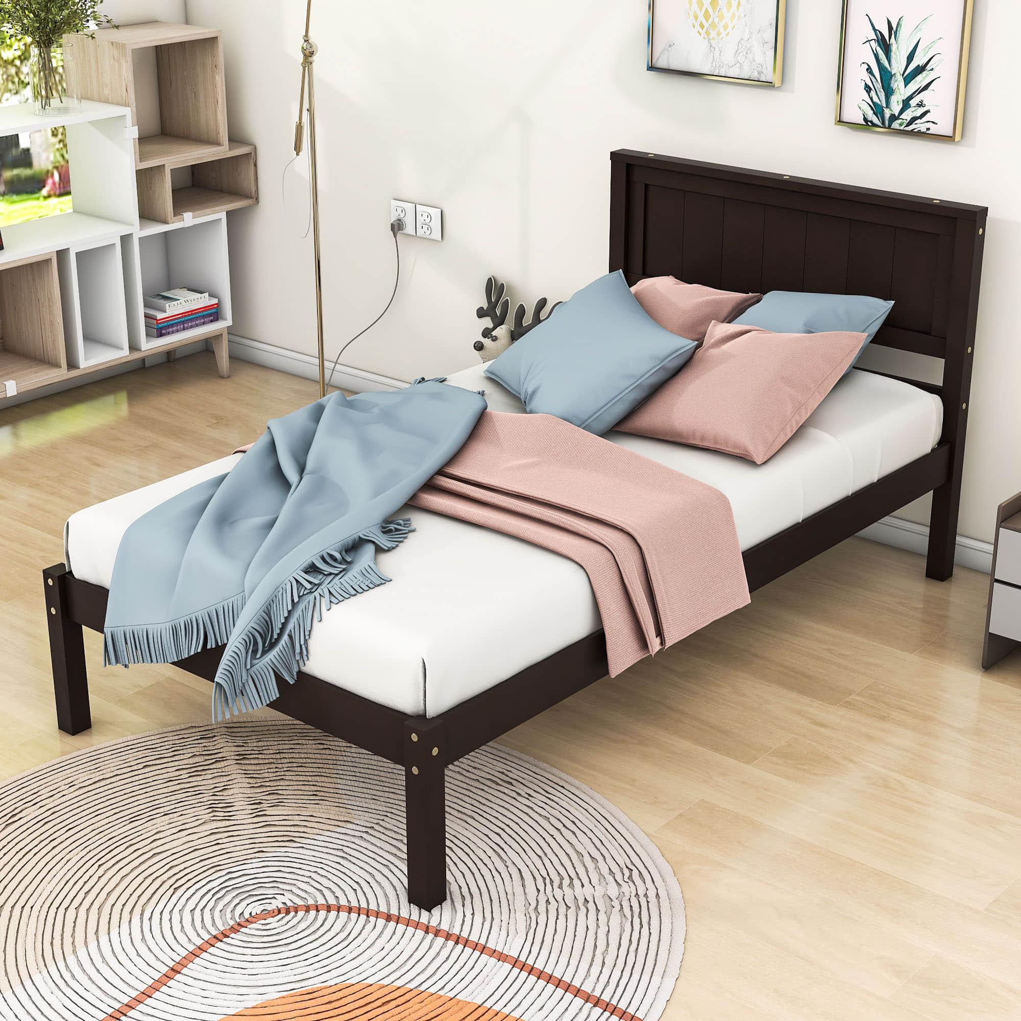 Wood Twin Size Vintage Platform Bed Frame with Headboard