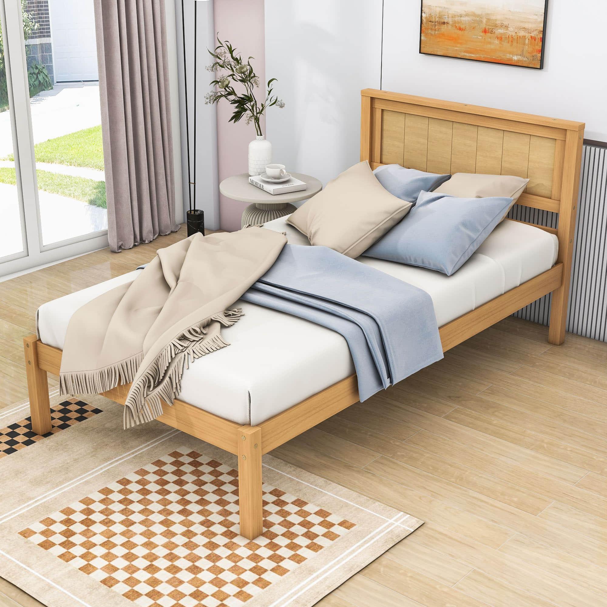 Wood Twin Size Vintage Platform Bed Frame with Headboard