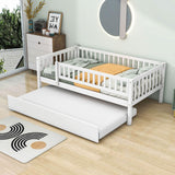 Wooden Twin Low Kids Bed with Twin Size Trundle and Rails