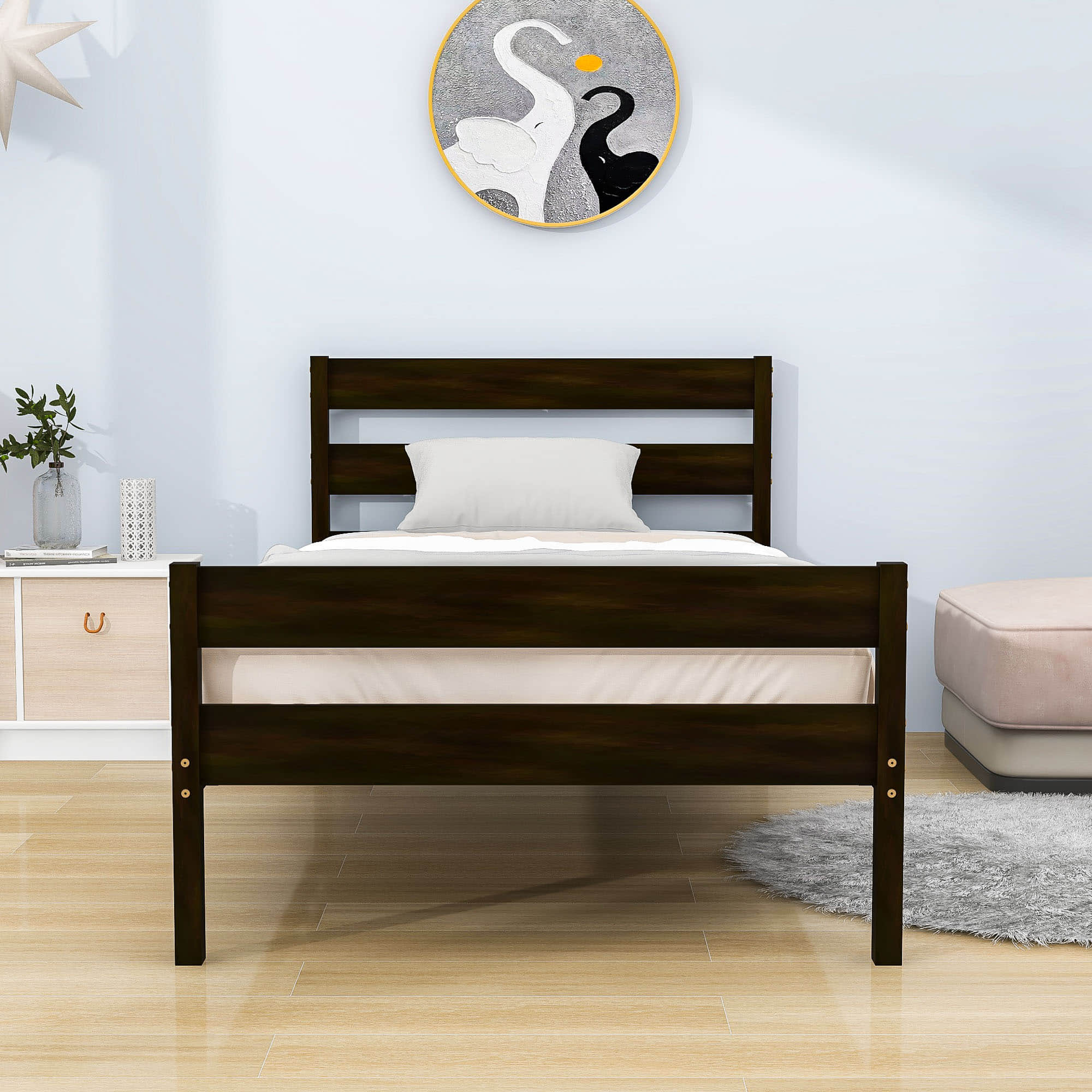 Wooden Twin Bed Frame with Slat Headboard and Footboard