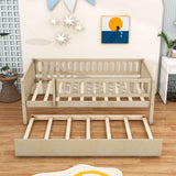 Wooden Twin Low Kids Bed with Twin Size Trundle and Rails