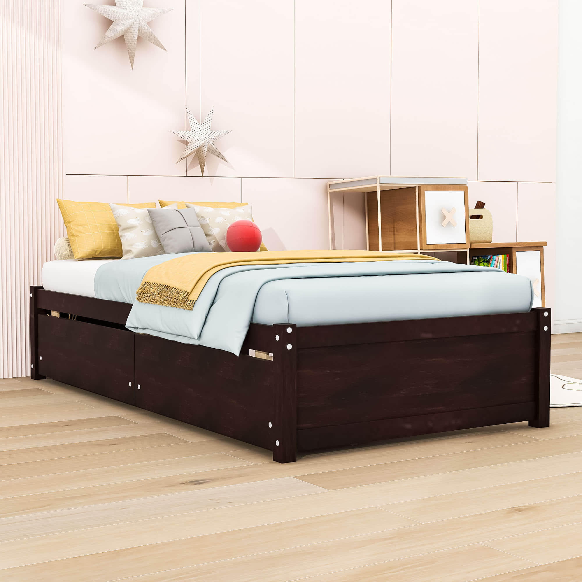 Solid Wood Twin Platform Bed Frame with Storage - [Drawers]