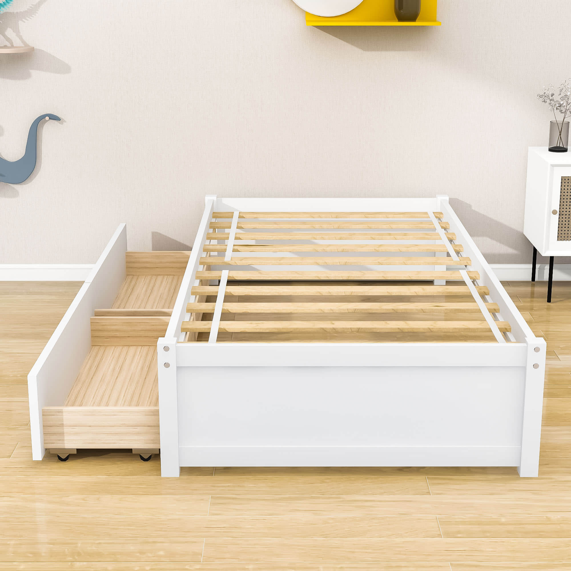 Solid Wood Twin Platform Bed Frame with Storage - [Drawers]