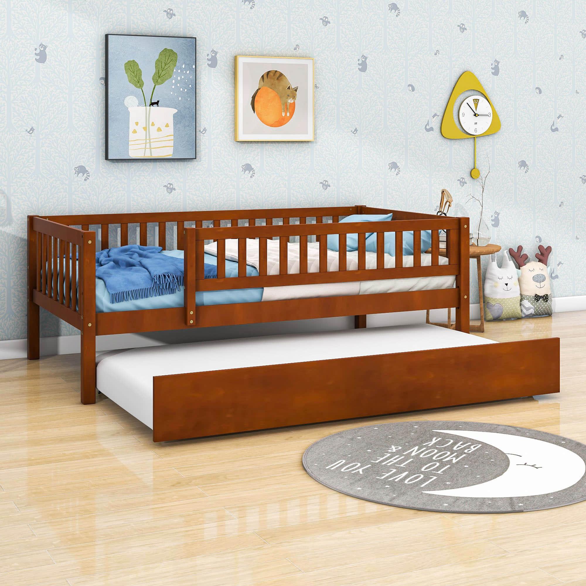 Wooden Twin Low Kids Bed with Twin Size Trundle and Rails