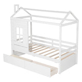 Kids Twin Size Wood House Bed with Rails Storage Drawers