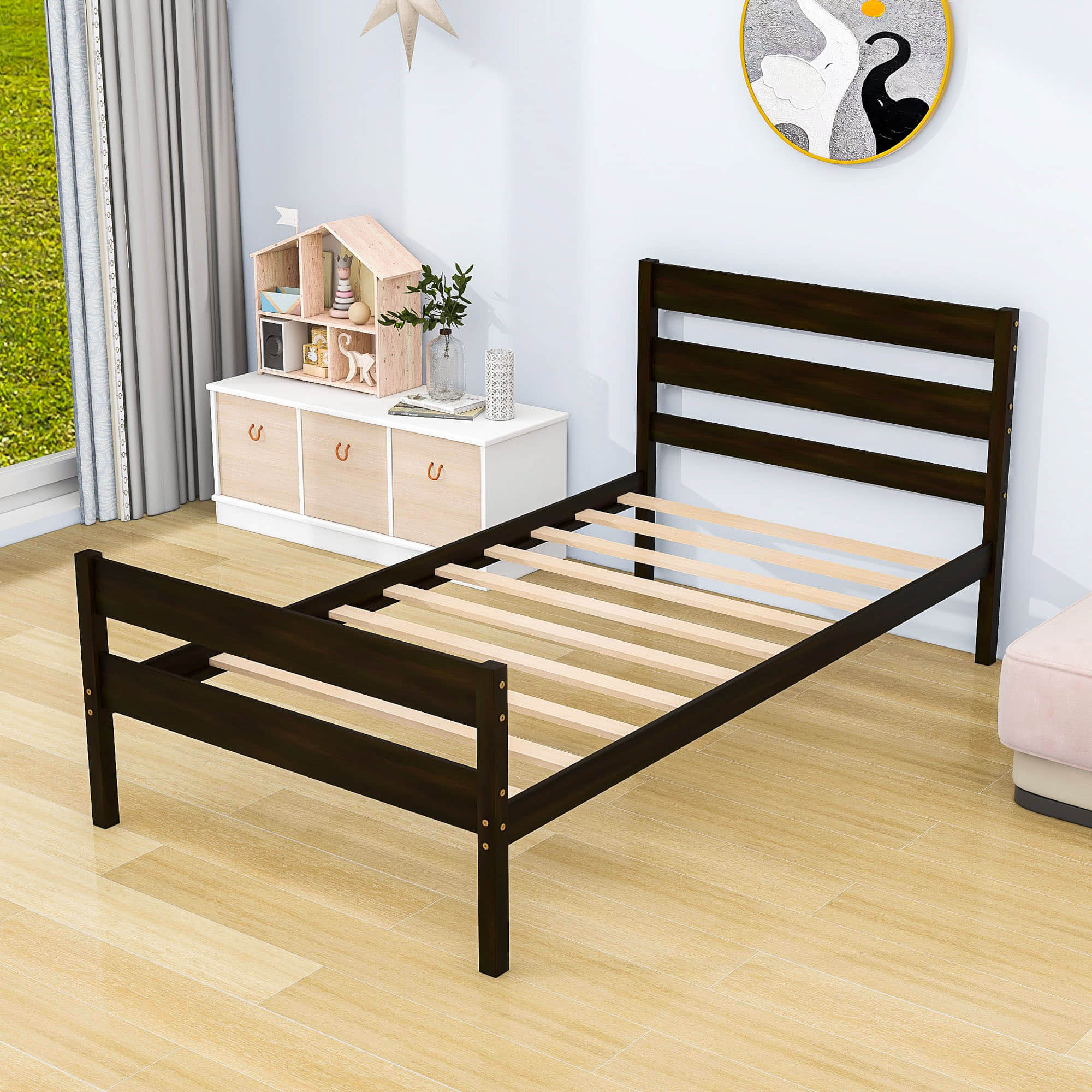 Wooden Twin Bed Frame with Slat Headboard and Footboard