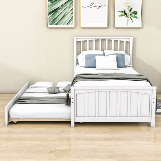 Twin Size Wood Platform Bed with Twin Trundle and Headboard