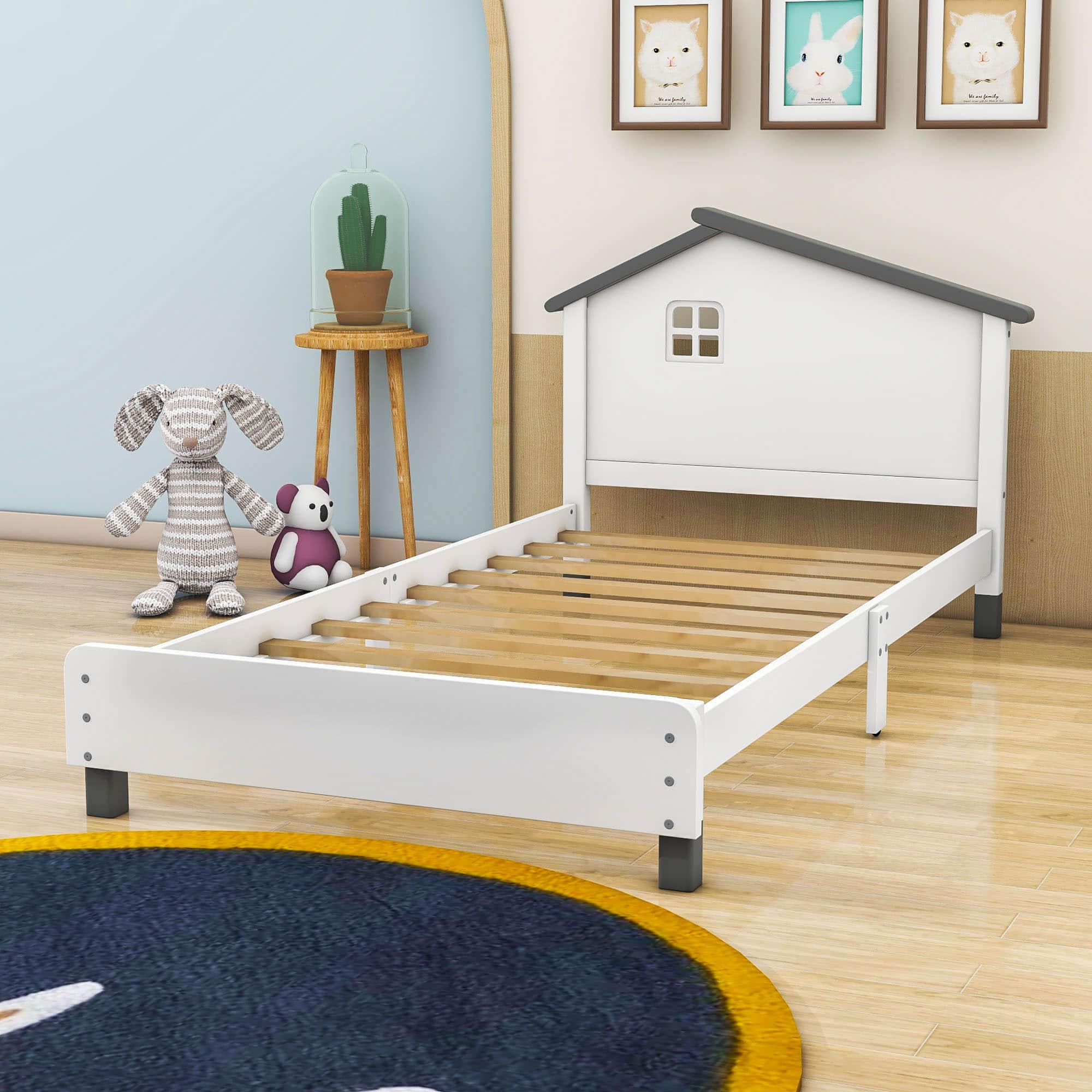 Twin Wood Girls Platform Bed with House-Shaped Headboard