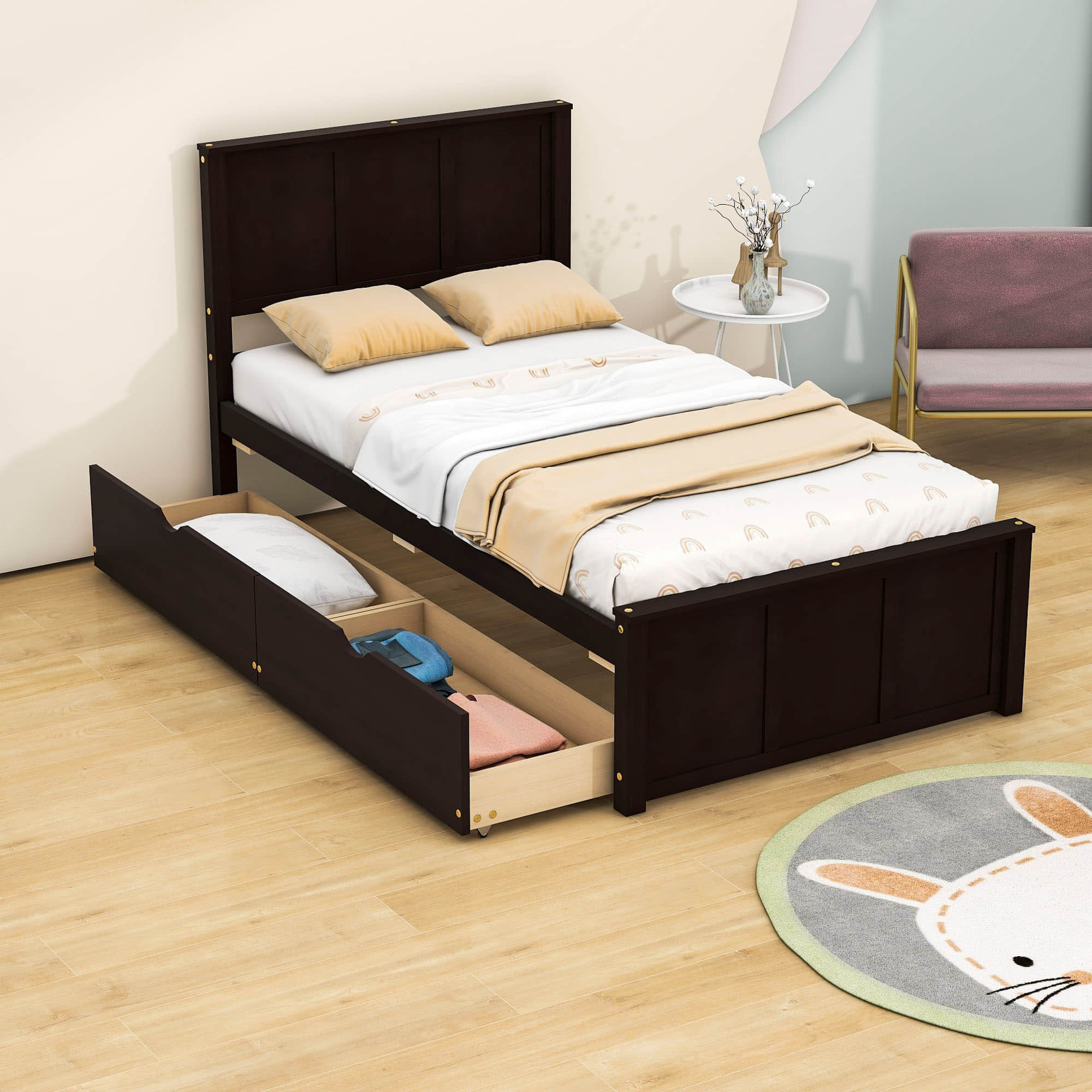 Twin Size Classic Platform Bed with Storage Drawers and Headboard