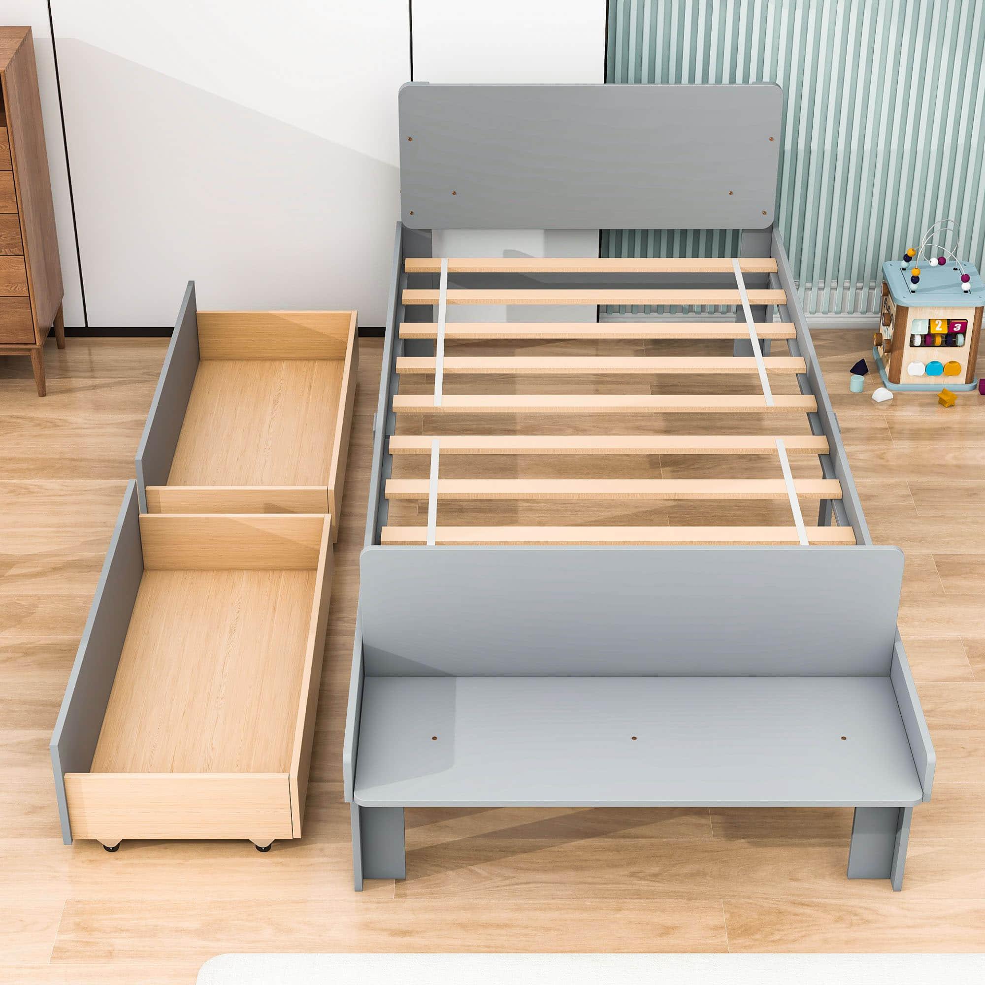 Twin Kids Bed Frame with Headboard and Footboard Bench, Storage