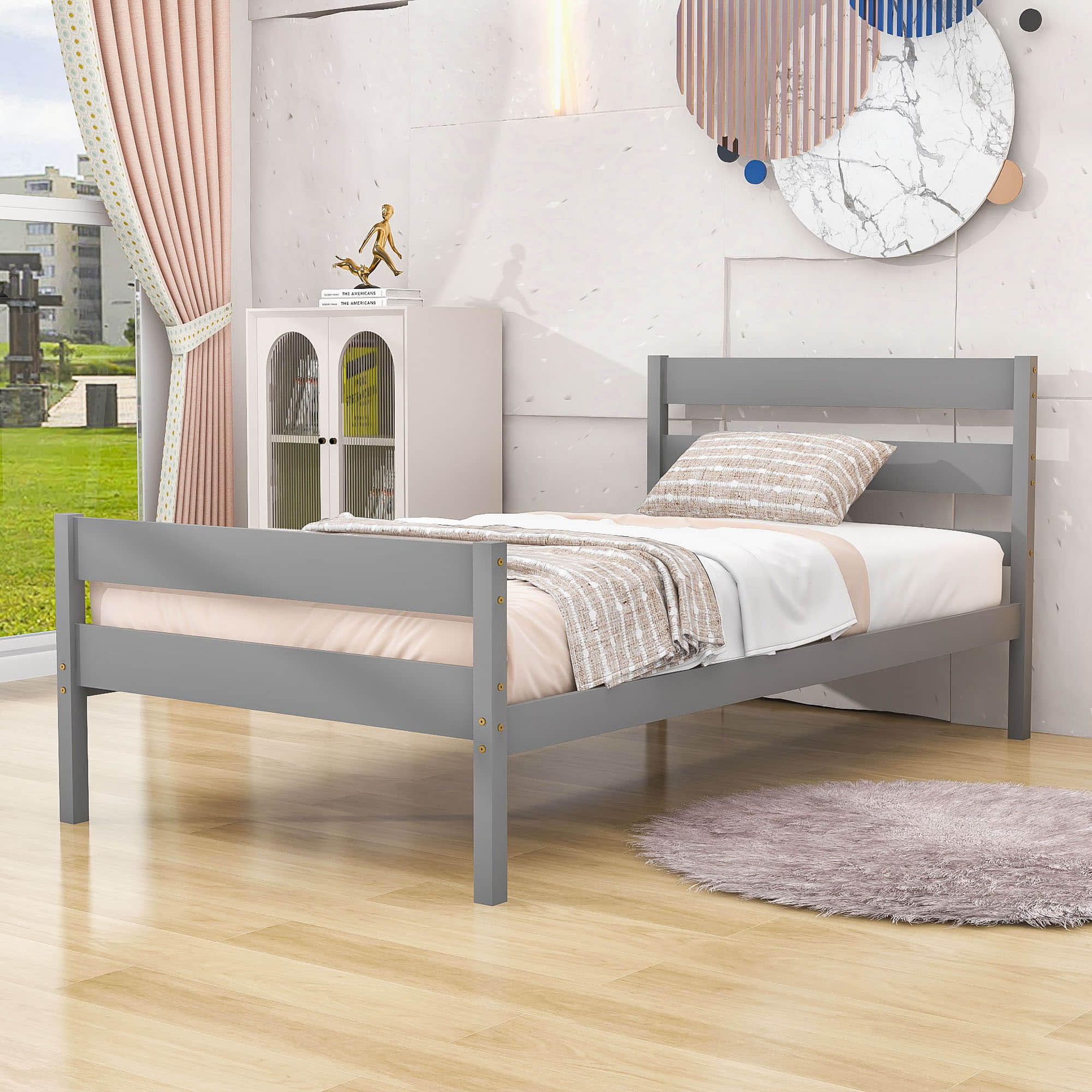 Wooden Twin Bed Frame with Slat Headboard and Footboard